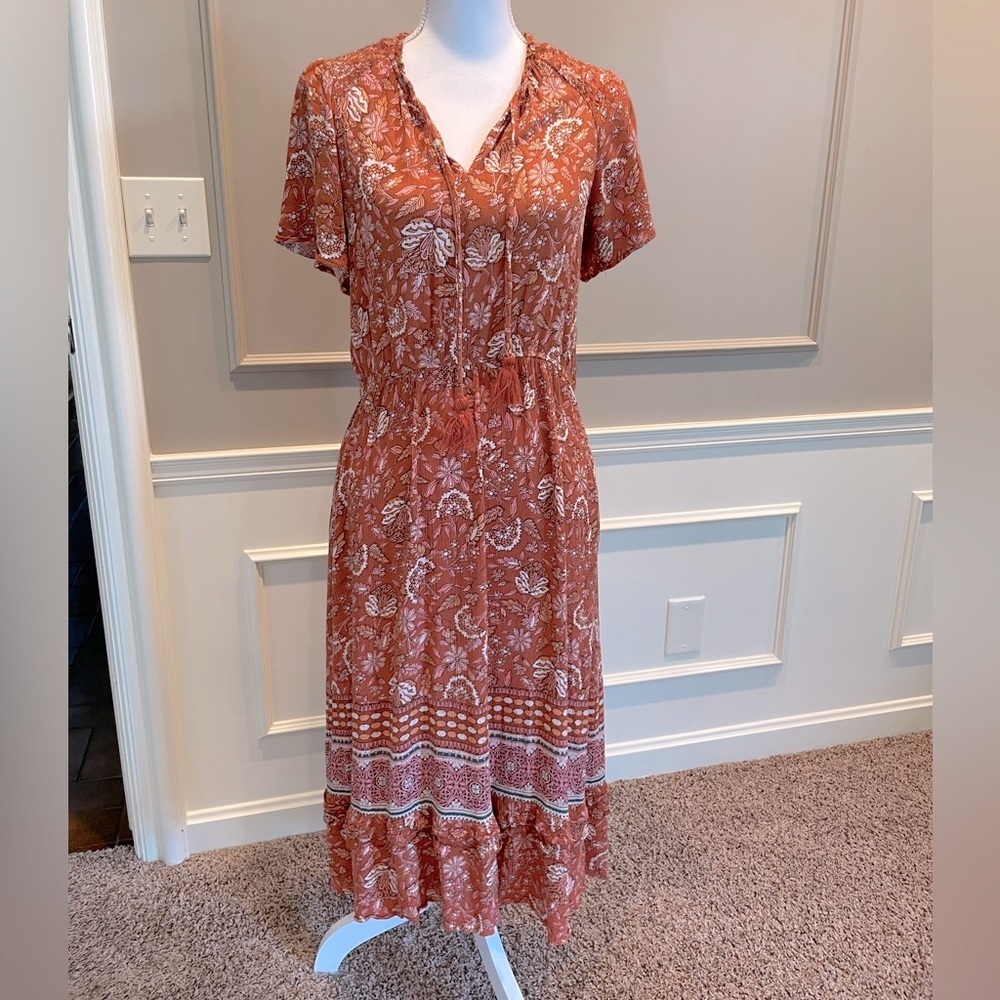 Knox Rose Rust-Orange Floral Maxi Dress with Tiered Hem